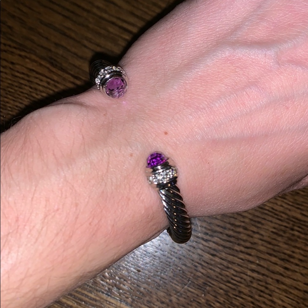 Purple stone and silver cable bangle bracelet